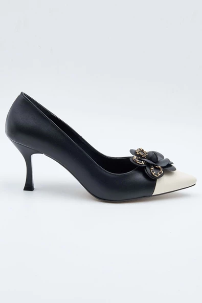 Kadın Abiye Ayakkabı Siyah Bej Tokalı 7cm Topuklu Tam Kalıp - 7