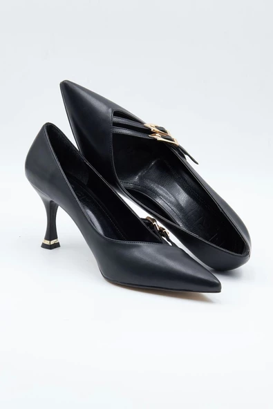 Kadın Abiye Stiletto Mat Siyah Altın Tokalı 7cm Topuklu Tam Kalıp - 7