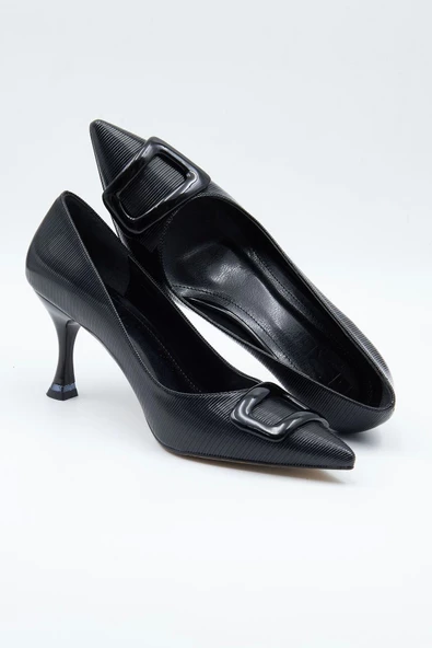 Kadın Abiye Ayakkabı Siyah Dokulu 7cm Topuklu Tam Kalıp - 8