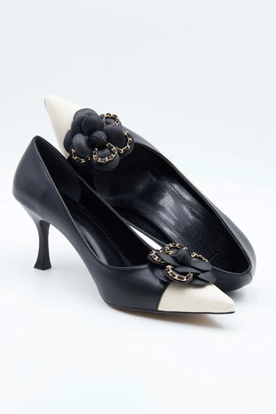 Kadın Abiye Ayakkabı Siyah Bej Tokalı 7cm Topuklu Tam Kalıp - 8