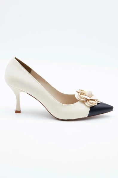 Kadın Abiye Ayakkabı Bej Siyah Tokalı 7cm Topuklu Tam Kalıp - 7