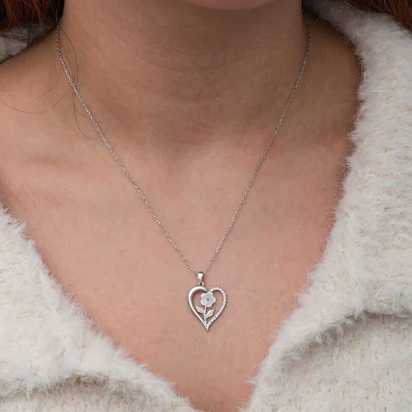 Gümüş Kalpli Beyaz Gül Kadın Kolye  SL9971 - Resim 11