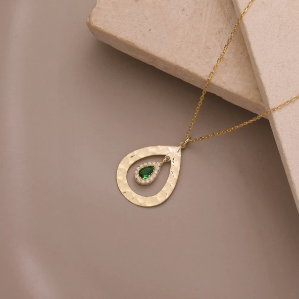 925 Ayar Gümüş Yeşil Damla Taşlı Dokulu Çerçeve Kolye - Resim 3