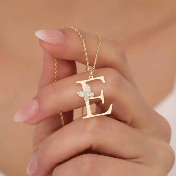 925 Ayar Gümüş Taşlı Kelebekli Harf Kolye ürün görseli 1