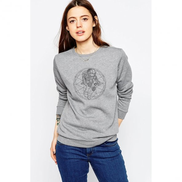 Astronot Uzay Boslugu Baskılı Gri Kadın Örme Sweatshirt Uzun kol - 1