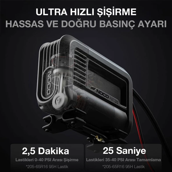 NOCO AIR20 12Volt Akü Bağlantı Maşalı 100 PSI Ayarlanabilir Dijital Basınç Göstergeli Profesyonel Lastik Şişirme Pompası - Resim 3