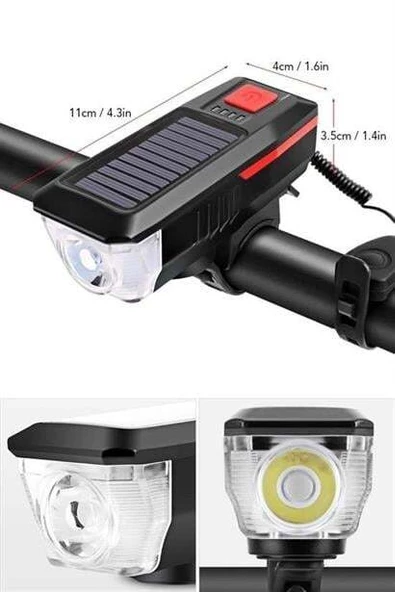 Solar Enerjili USB ile Şarj Edilebilir Ledli Bisiklet Feneri Kornalı ve Su Geçirmez Far - 11