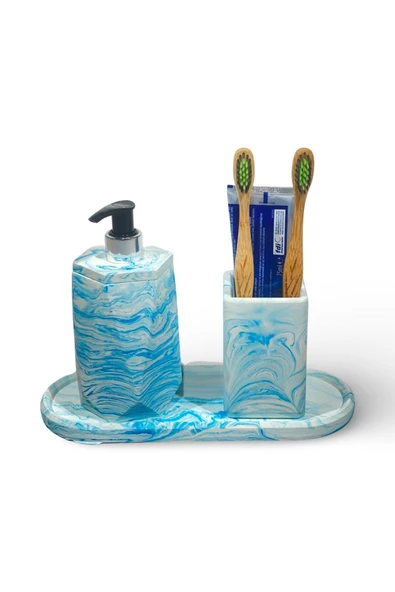 Modern Tasarımlı Mermer Temalı Beton Banyo Aksesuar Seti (3 Parça) - 2