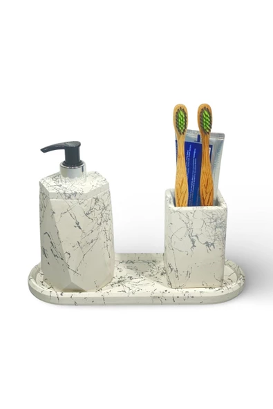 Modern Tasarımlı Mermer Temalı Beton Banyo Aksesuar Seti (3 Parça) - 9