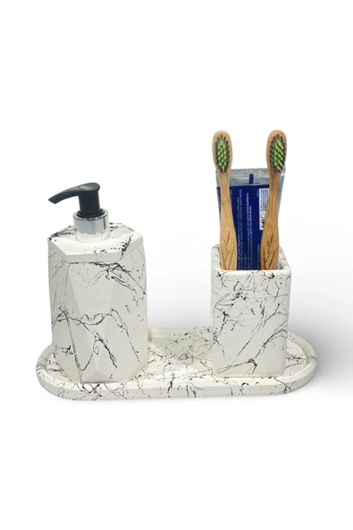 Modern Tasarımlı Mermer Temalı Beton Banyo Aksesuar Seti (3 Parça) - 7