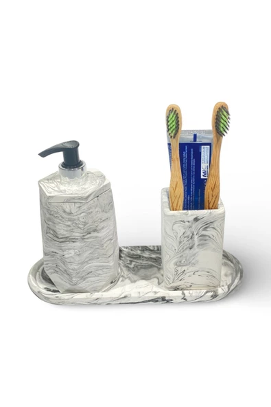 Modern Tasarımlı Mermer Temalı Beton Banyo Aksesuar Seti (3 Parça) - 6