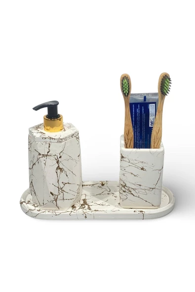 Modern Tasarımlı Mermer Temalı Beton Banyo Aksesuar Seti (3 Parça) - 5