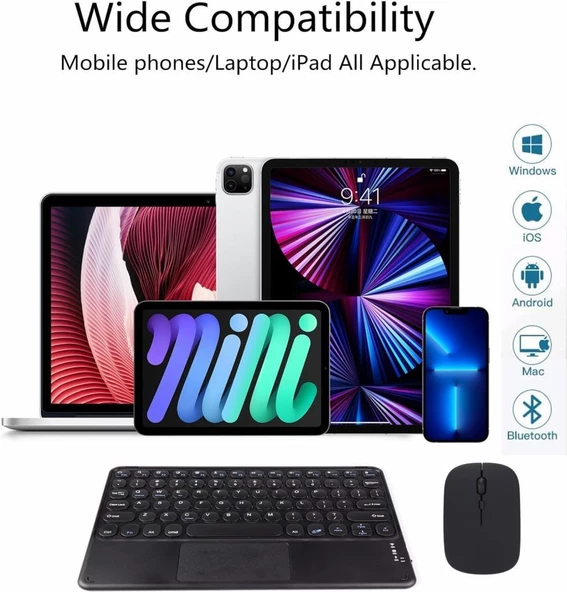 Apple iPad Air 11" (2024) Wi-Fi Uyumlu Kablosuz Bluetooth Şarjlı TouchPad'li Klavye Mouse Seti - Siyah - 3