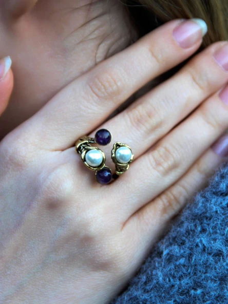 Doğal Taş Ametist Doğal Taşlı İncili 4'lü Ayarlanabilir Antik Yüzük euy55iamt ürün görseli