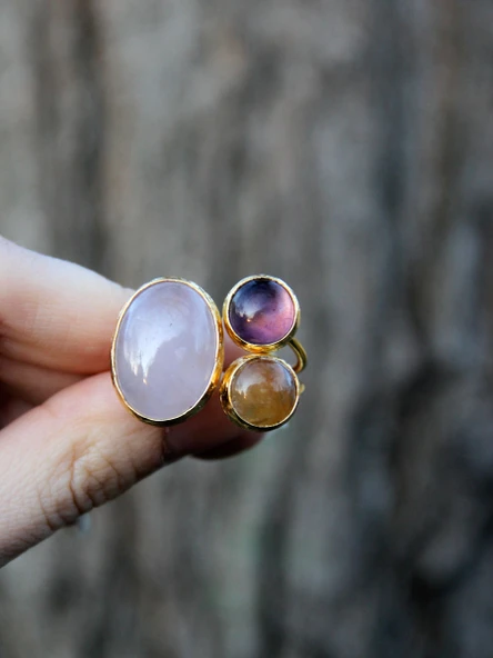 Doğal Taş 3'lü Doğal Taşlı Ayarlanabilir Altın Kaplama Kadın Yüzük Pembe Kuvars Ametist Sitrin eouy4sap - Resim 3