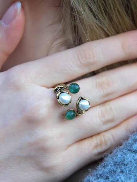 Doğal Taş Yeşil Akik Doğal Taşlı İncili 4'lü Ayarlanabilir Antik Yüzük euy55iya ürün görseli