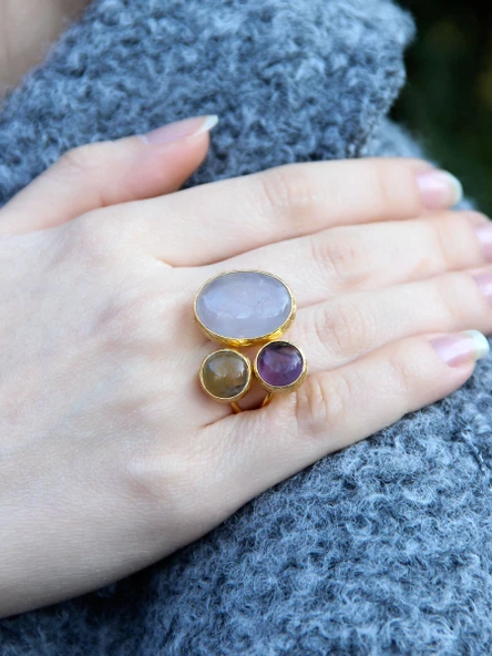 Doğal Taş 3'lü Doğal Taşlı Ayarlanabilir Altın Kaplama Kadın Yüzük Pembe Kuvars Ametist Sitrin eouy4sap - Resim 2