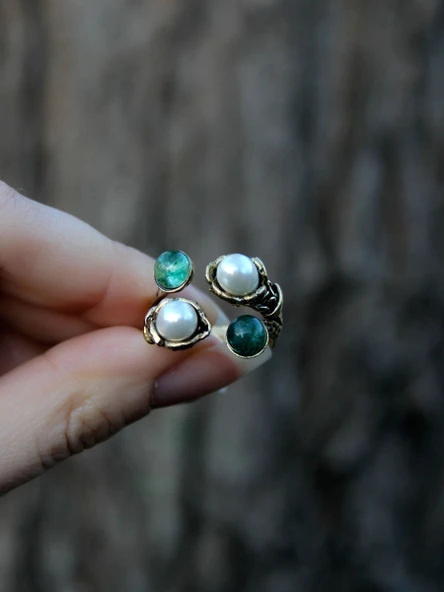 Doğal Taş Yeşil Akik Doğal Taşlı İncili 4'lü Ayarlanabilir Antik Yüzük euy55iya - Resim 3