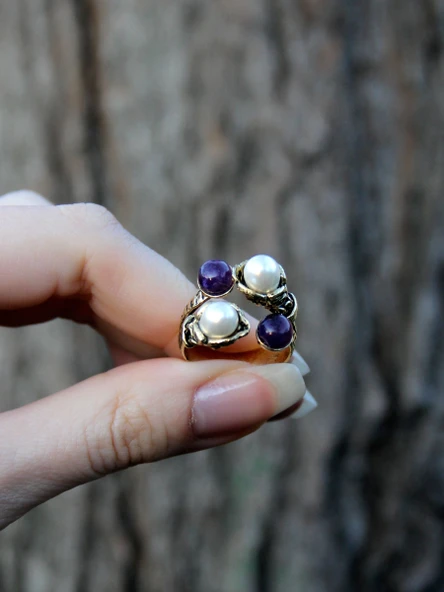 Doğal Taş Ametist Doğal Taşlı İncili 4'lü Ayarlanabilir Antik Yüzük euy55iamt - Resim 3