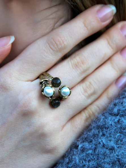 Doğal Taş Labradorit Doğal Taşlı İncili 4'lü Ayarlanabilir Antik Yüzük euy55ilbt ürün görseli