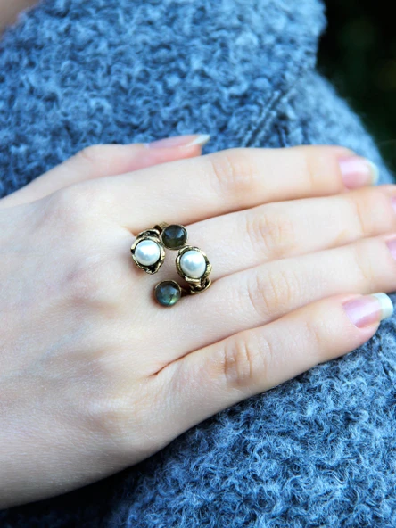Doğal Taş Labradorit Doğal Taşlı İncili 4'lü Ayarlanabilir Antik Yüzük euy55ilbt - Resim 2