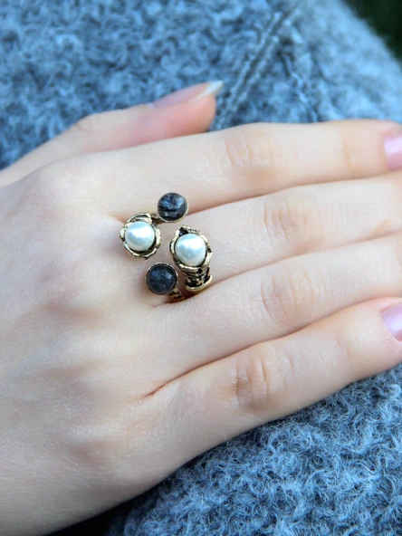 Doğal Taş Rutil Kuvars Doğal Taşlı İncili 4'lü Ayarlanabilir Antik Yüzük euy55irk - Resim 2