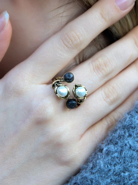 Doğal Taş Rutil Kuvars Doğal Taşlı İncili 4'lü Ayarlanabilir Antik Yüzük euy55irk ürün görseli