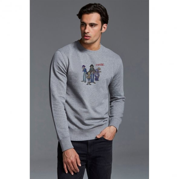 Gorillaz Jpeg Baskılı Gri Erkek Örme Sweatshirt Uzun kol