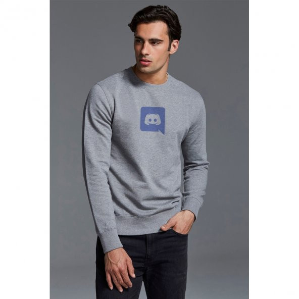 Discord Logo Baskılı Gri Erkek Örme Sweatshirt Uzun kol