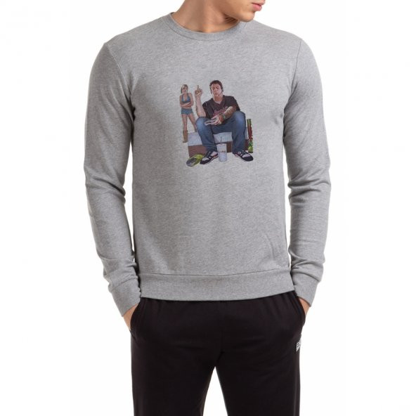 GTA V Jimmy De Santa Baskılı Gri Erkek Örme Sweatshirt Uzun kol