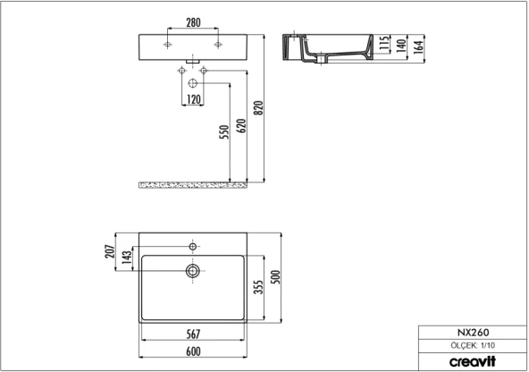 Creavit NX260 Setüstü 50x60 Düz Kare Lavabo - 2
