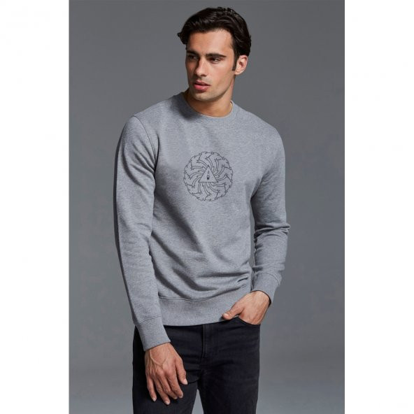 Badmotorfinger Logo Baskılı Gri Melanj Erkek Örme Sweatshirt Uzun kol