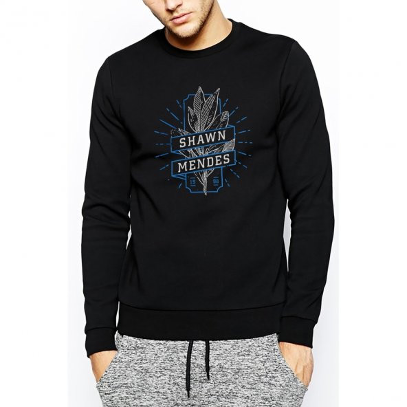 Shawn Mendes Baskılı Siyah Erkek Örme Sweatshirt Uzun kol - 1