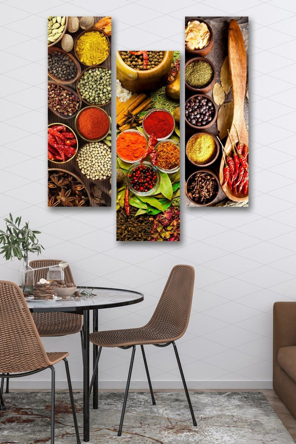 Düş Duvarı 3 Parça Cafe Restaurant Baharat Desenli MDF Duvar Tablosu