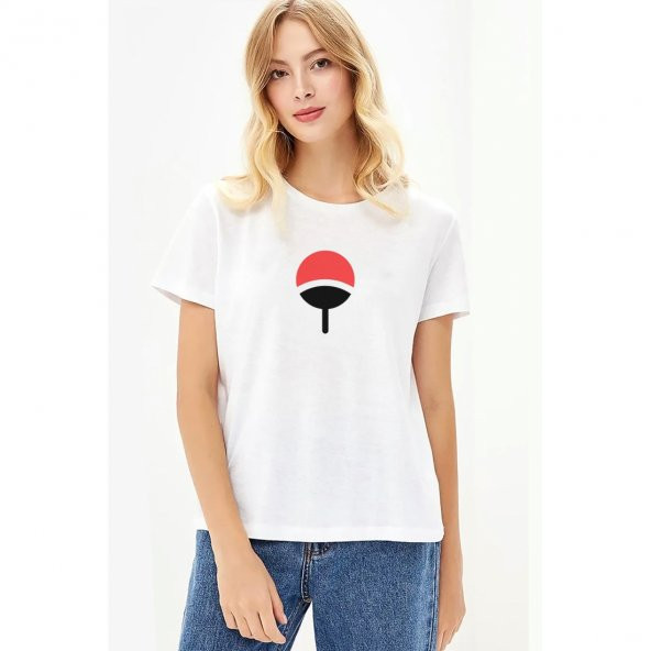 Uchiha Clan Baskılı Beyaz Kadın Örme Tshirt