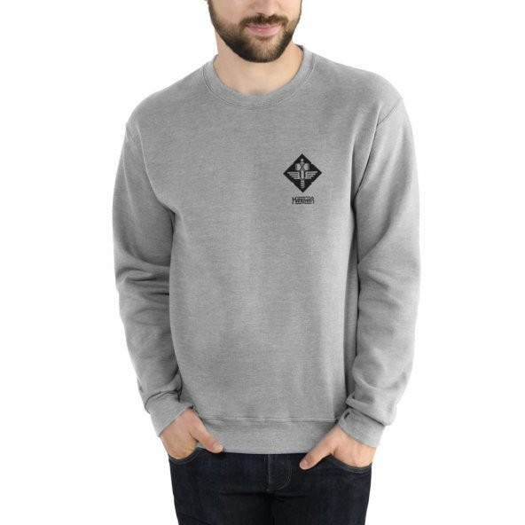 Manowar Lord Of Steel Manowar Baskılı Gri Melanj Erkek Örme Sweatshirt Uzun kol