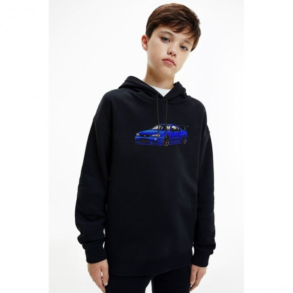Nissan Skyline R34 GT RBaskılı Unisex Çocuk Kapüşonlu Siyah Sweatshirt - 1