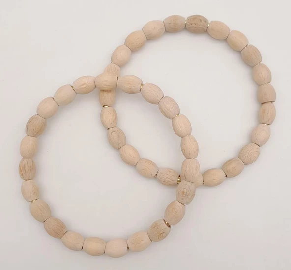 Nusrat Bilişim Çanta Aksesuar 12 cm Oval Ahşap Boncuklu Bilezik Model Ham Ahşap Çift Sap