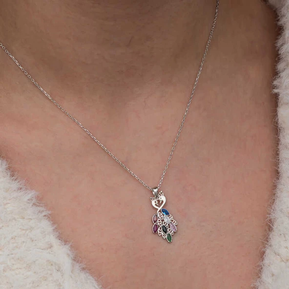 Lucky Life Gümüş Renkli Taşlı Tavus Kuşu Kadın Kolye - 6