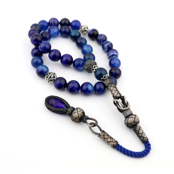 1000 Ayar Gümüş Kazaz Püsküllü Lacivert Akik Doğaltaş Tesbih - Resim 2