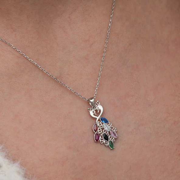 Lucky Life Gümüş Renkli Taşlı Tavus Kuşu Kadın Kolye - 5