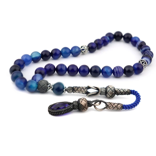 1000 Ayar Gümüş Kazaz Püsküllü Lacivert Akik Doğaltaş Tesbih ürün görseli 1