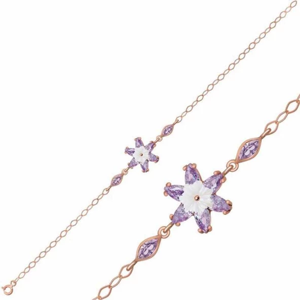 Lucky Life Kadın Gümüş Rose Lila Lotus Çiçeği Bileklik