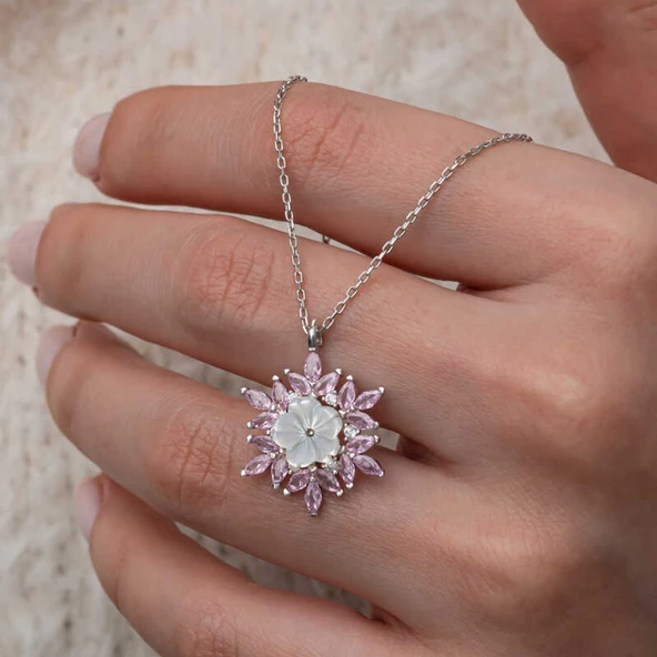 Lucky Life Gümüş Pembe Lotus Desenli Çiçek Kadın Kolye - Resim 2