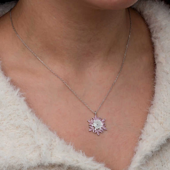 Lucky Life Gümüş Pembe Lotus Desenli Çiçek Kadın Kolye - Resim 5
