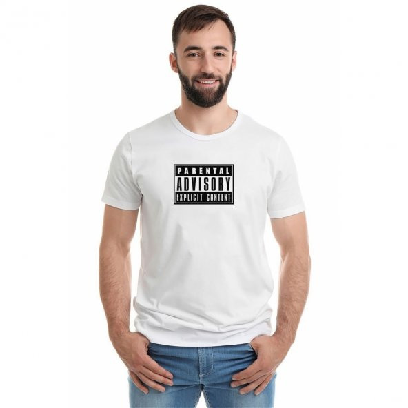 Parental ADVİSORY Explicit Content Baskılı Beyaz Erkek Örme Tshirt