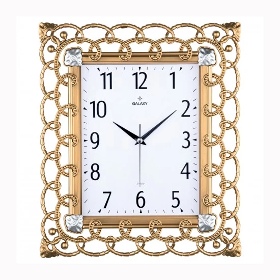 DUVAR SAATİ ALTIN SARISI ÇERÇEVE ÇAP:32.3CMX 37.5CM PVC KADRAN SESSİZ AKAR MAKİNE MİNERAL CAM AKRİLİK BOYALI 2 RENK ABS KASA KADRAN BASKI ALANI: 105X170MM KADRAN ÖLÇÜSÜ: 190X241MM