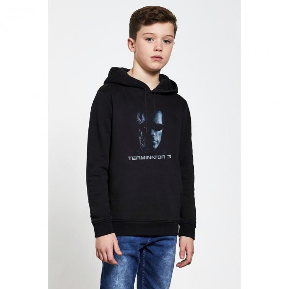 Terminator 3 Rise Of The Machines Baskılı Unisex Çocuk Kapüşonlu Siyah Sweatshirt - 1