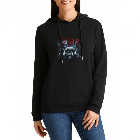 Slayer B Sides & Rarities SLAYER Baskılı Siyah Kadın Örme Kapşonlu Sweashirt Uzun kol