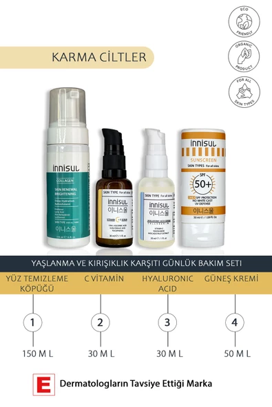 Karma Ciltler Yaşlanma, Kırışıklık Karşıtı Bakım Seti:c Vitamini Serum, Hyaluronik Asit, Güneş Kremi ürün görseli